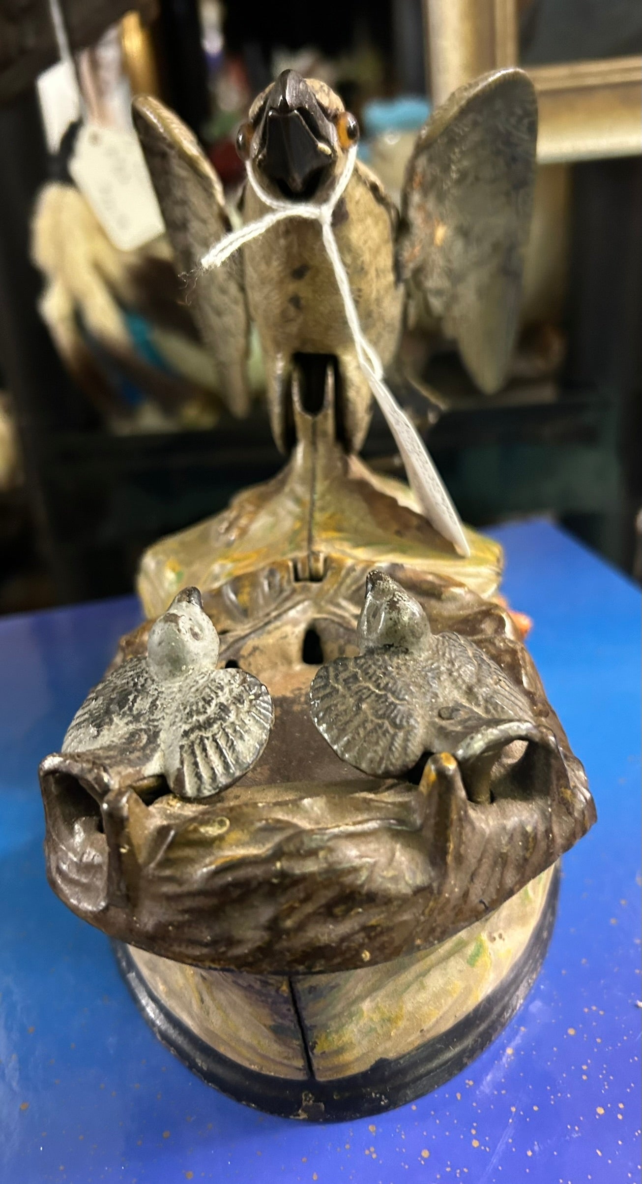 ANTIQUE EAGLE AND EAGLETS MECHANICAL BANK 6" TALL