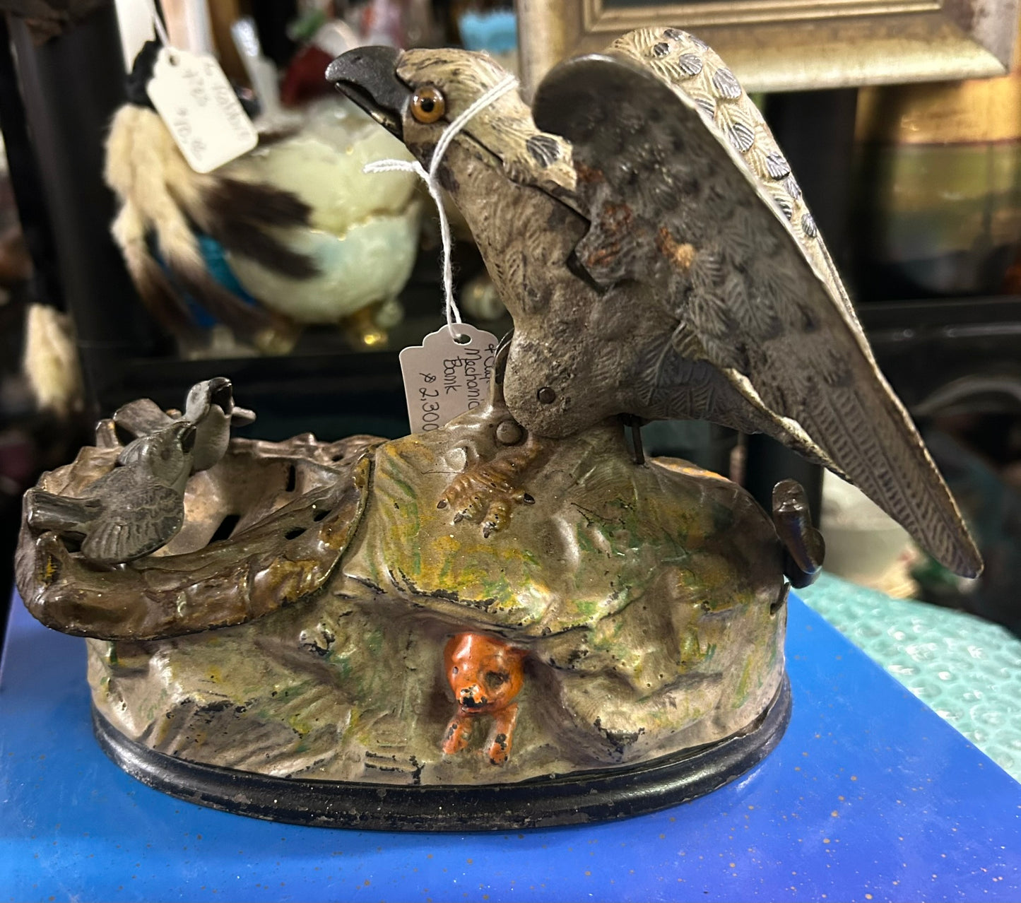 ANTIQUE EAGLE AND EAGLETS MECHANICAL BANK 6" TALL