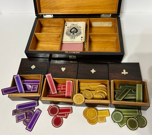 CARD COUNTERS IN ANTIQUE ROSEWOOD BOX WITH DYED BONE COUNTERS