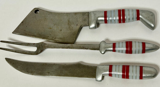HANDMADE STEEL KNIFE, CLEAVER AND FORK SET WITH INLAID HANDLES 1930'S
