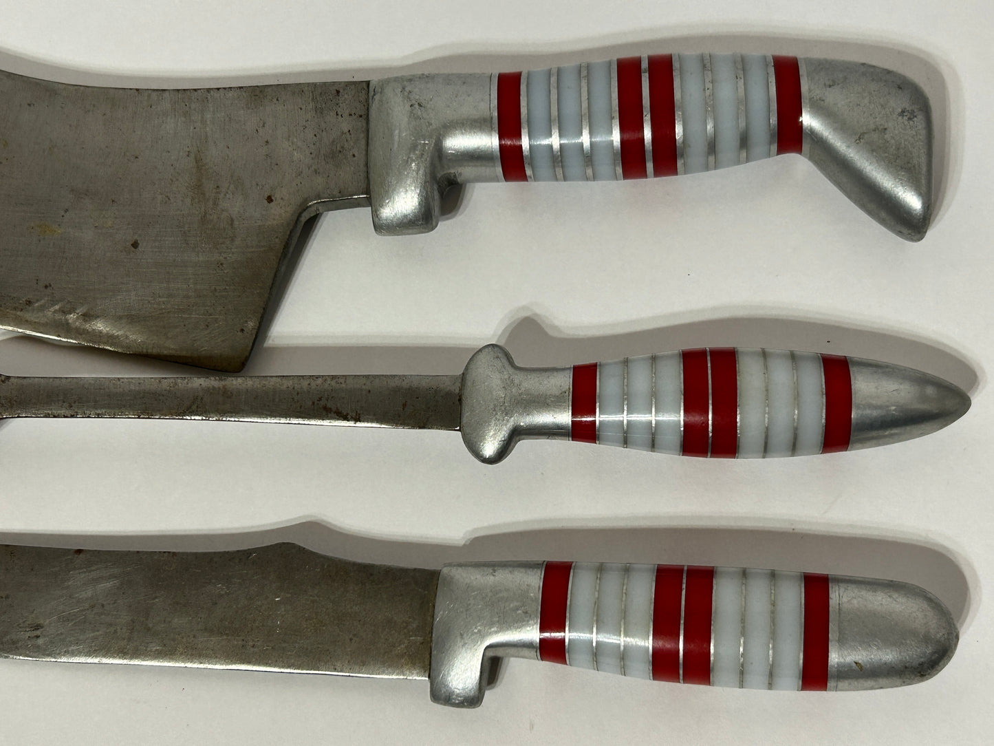 HANDMADE STEEL KNIFE, CLEAVER AND FORK SET WITH INLAID HANDLES 1930'S