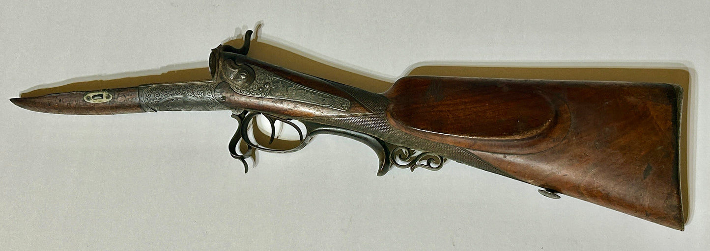 ANTIQUE DOUBLE BARREL SHOTGUN RECEIVER WITH FANCY ANIMAL ENGRAVINGS