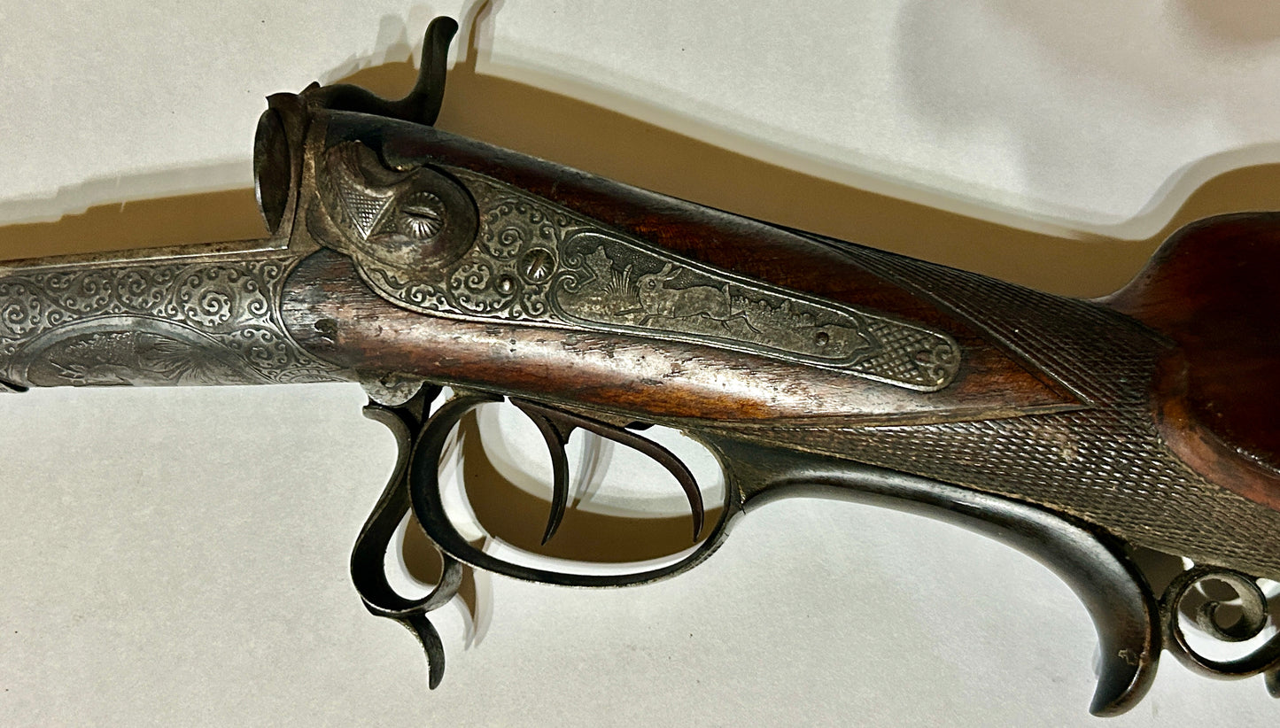 ANTIQUE DOUBLE BARREL SHOTGUN RECEIVER WITH FANCY ANIMAL ENGRAVINGS