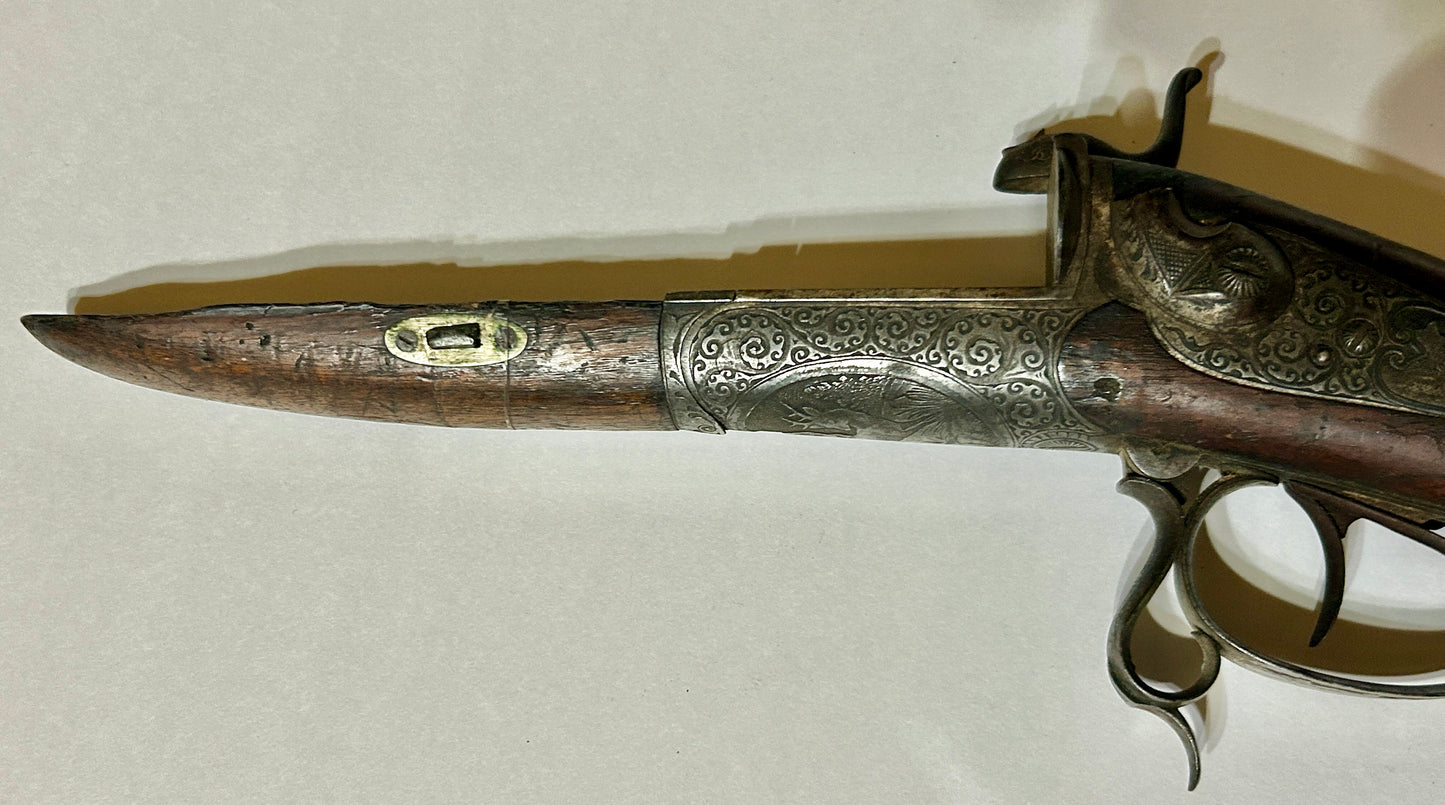 ANTIQUE DOUBLE BARREL SHOTGUN RECEIVER WITH FANCY ANIMAL ENGRAVINGS