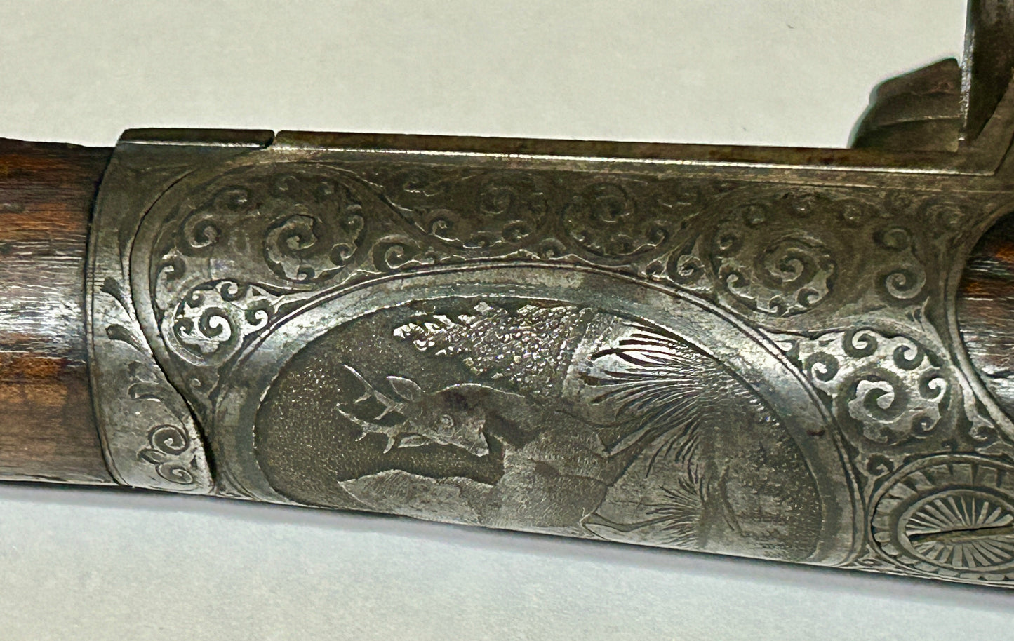 ANTIQUE DOUBLE BARREL SHOTGUN RECEIVER WITH FANCY ANIMAL ENGRAVINGS
