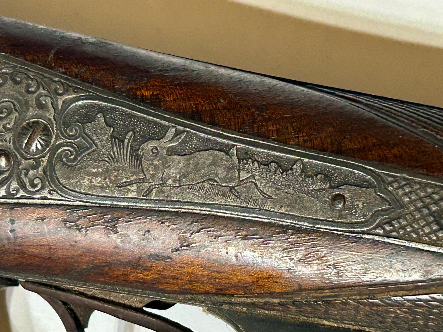 ANTIQUE DOUBLE BARREL SHOTGUN RECEIVER WITH FANCY ANIMAL ENGRAVINGS