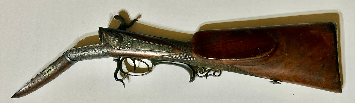 ANTIQUE DOUBLE BARREL SHOTGUN RECEIVER WITH FANCY ANIMAL ENGRAVINGS