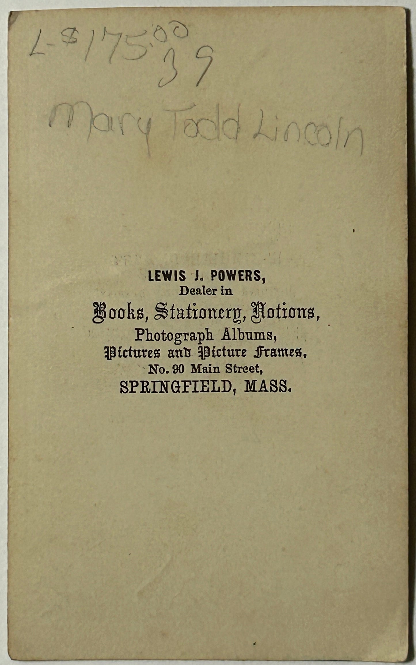 MARY TODD LINCOLN CDV PHOTOGRAPH WITH MAKER ON REVERSE
