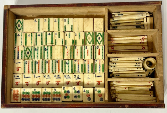 ANTIQUE MAHJONG SET WITH 145 BONE TILES