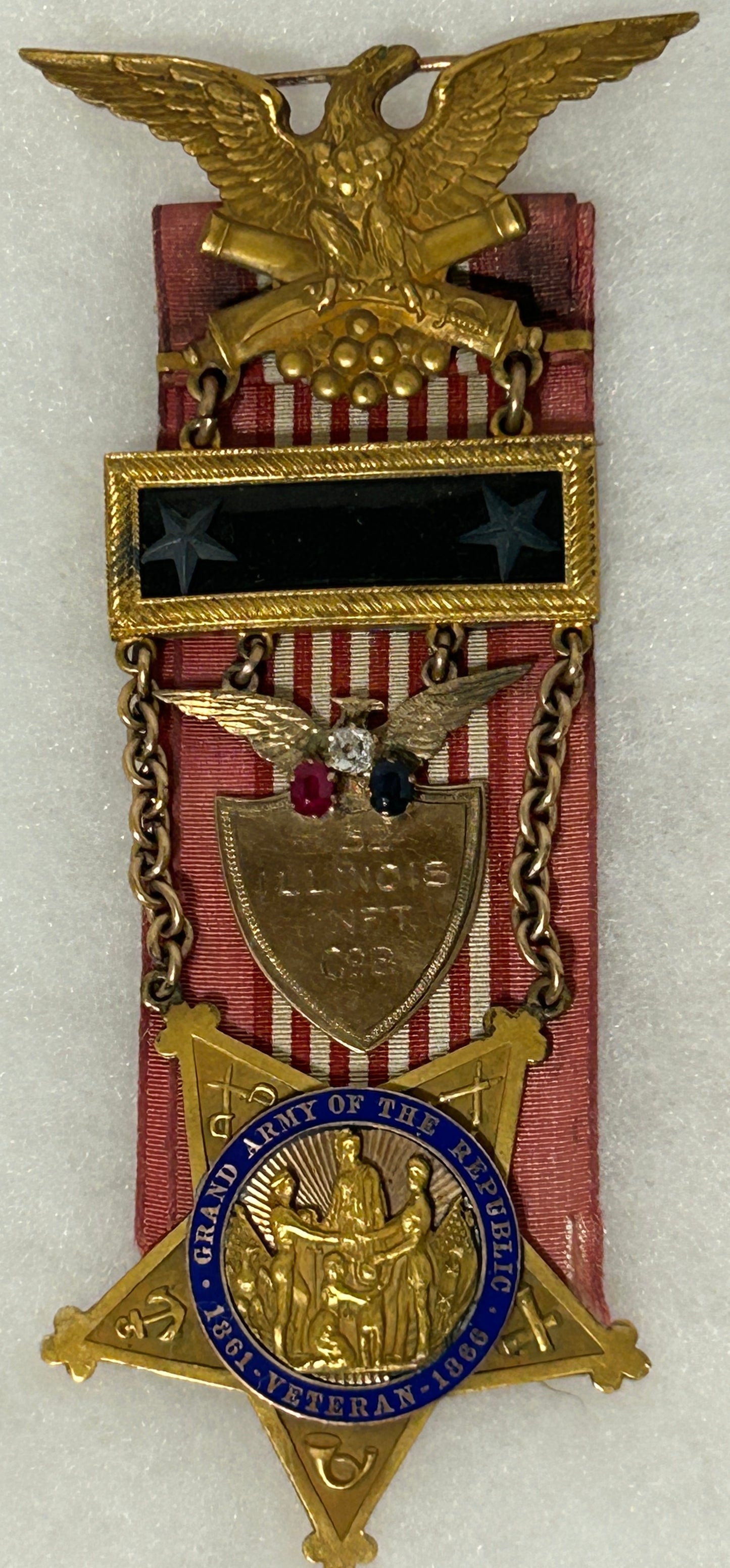 CIVIL WAR VETERANS RARE GOLD MEDAL WITH DIAMOND, RUBY, & SHAPPHIRE STONES
