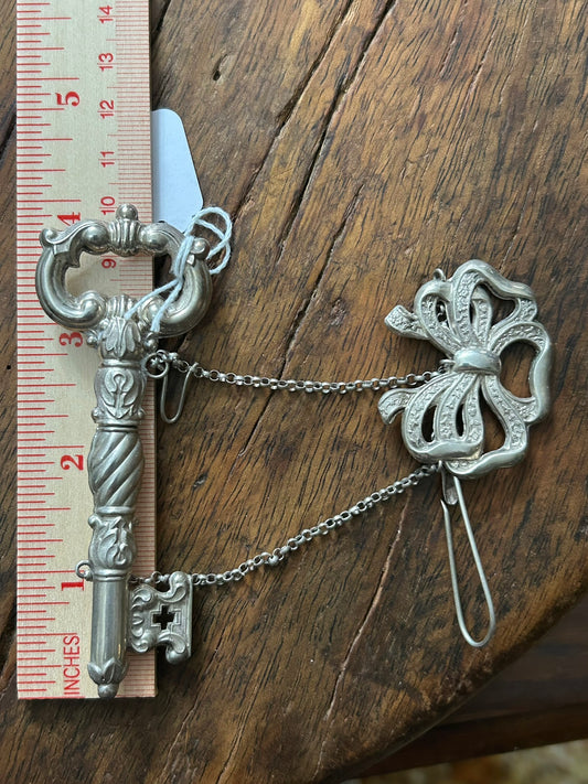 STERLING ANTIQUE CHATELAINE WITH KEY SHAPE NEEDLE CASE