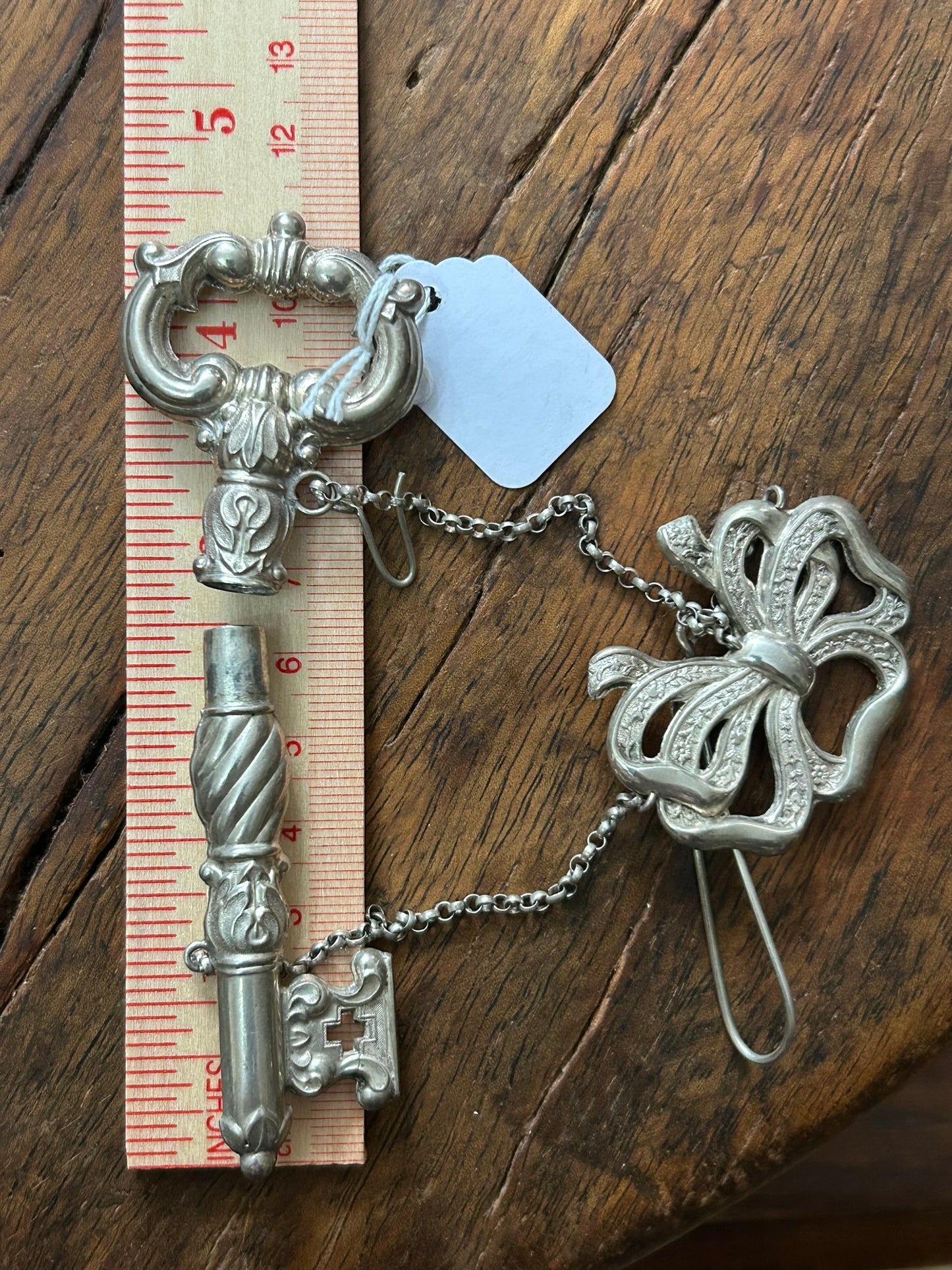 STERLING ANTIQUE CHATELAINE WITH KEY SHAPE NEEDLE CASE