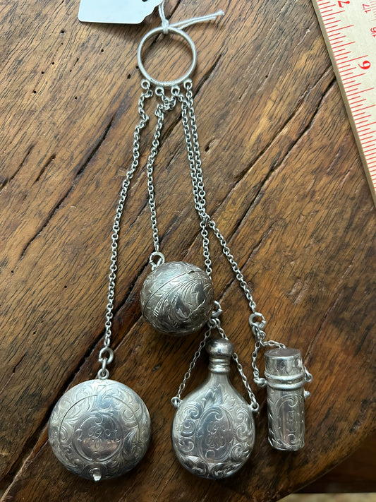 STERLING SILVER FIVE PIECE ANTIQUE CHATELAINE