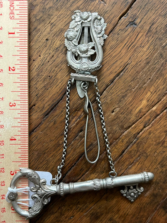 STERLING SILVER EARLY ANTIQUE CHATELAINE WITH KEY SHAPE NEEDLE CASE