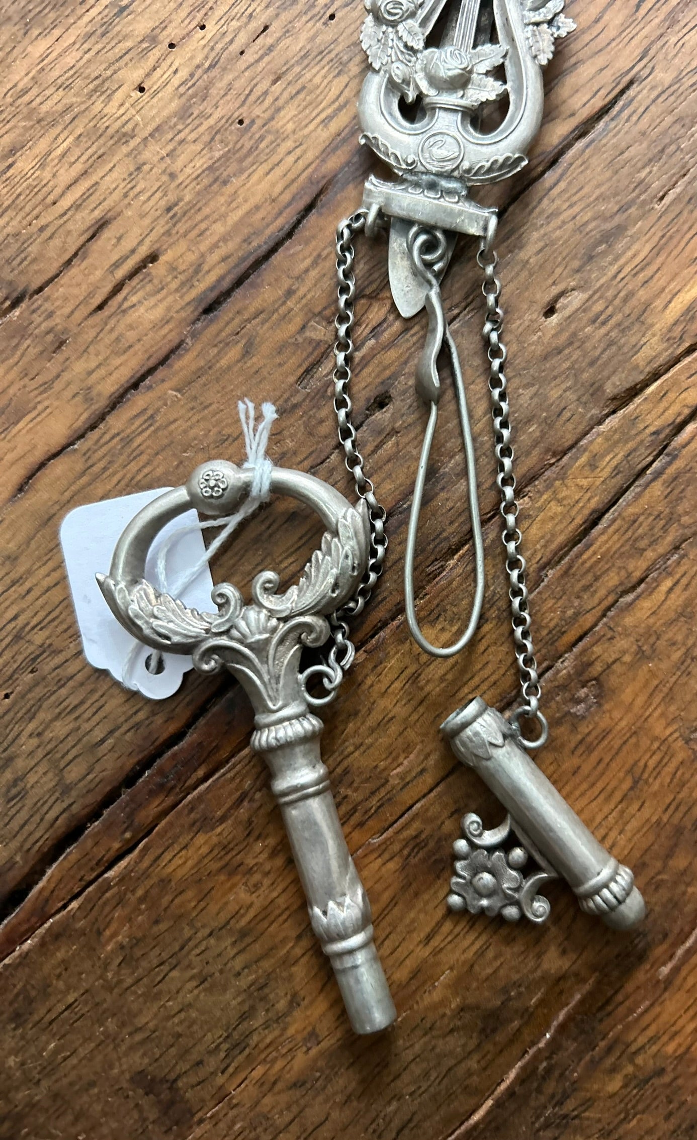 STERLING SILVER EARLY ANTIQUE CHATELAINE WITH KEY SHAPE NEEDLE CASE
