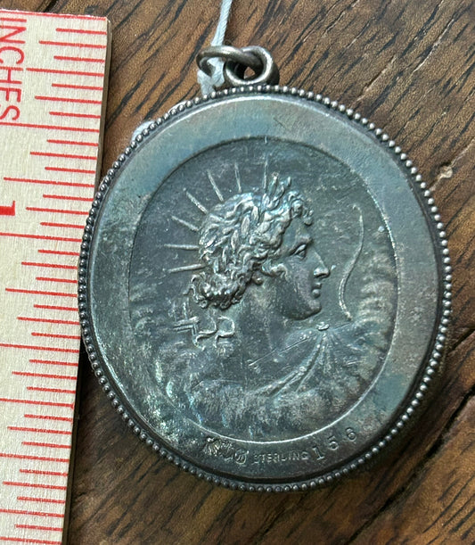 STERLING SILVER ANTIQUE PIN HOLDER WITH DOUBLE SIDED PORTRAIT