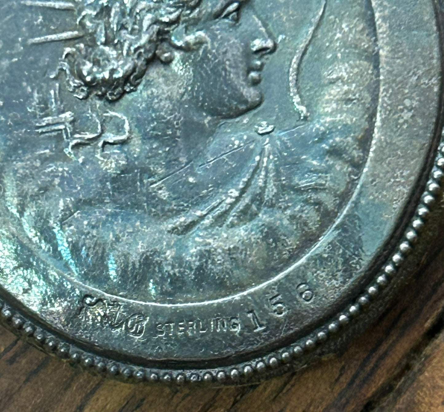 STERLING SILVER ANTIQUE PIN HOLDER WITH DOUBLE SIDED PORTRAIT