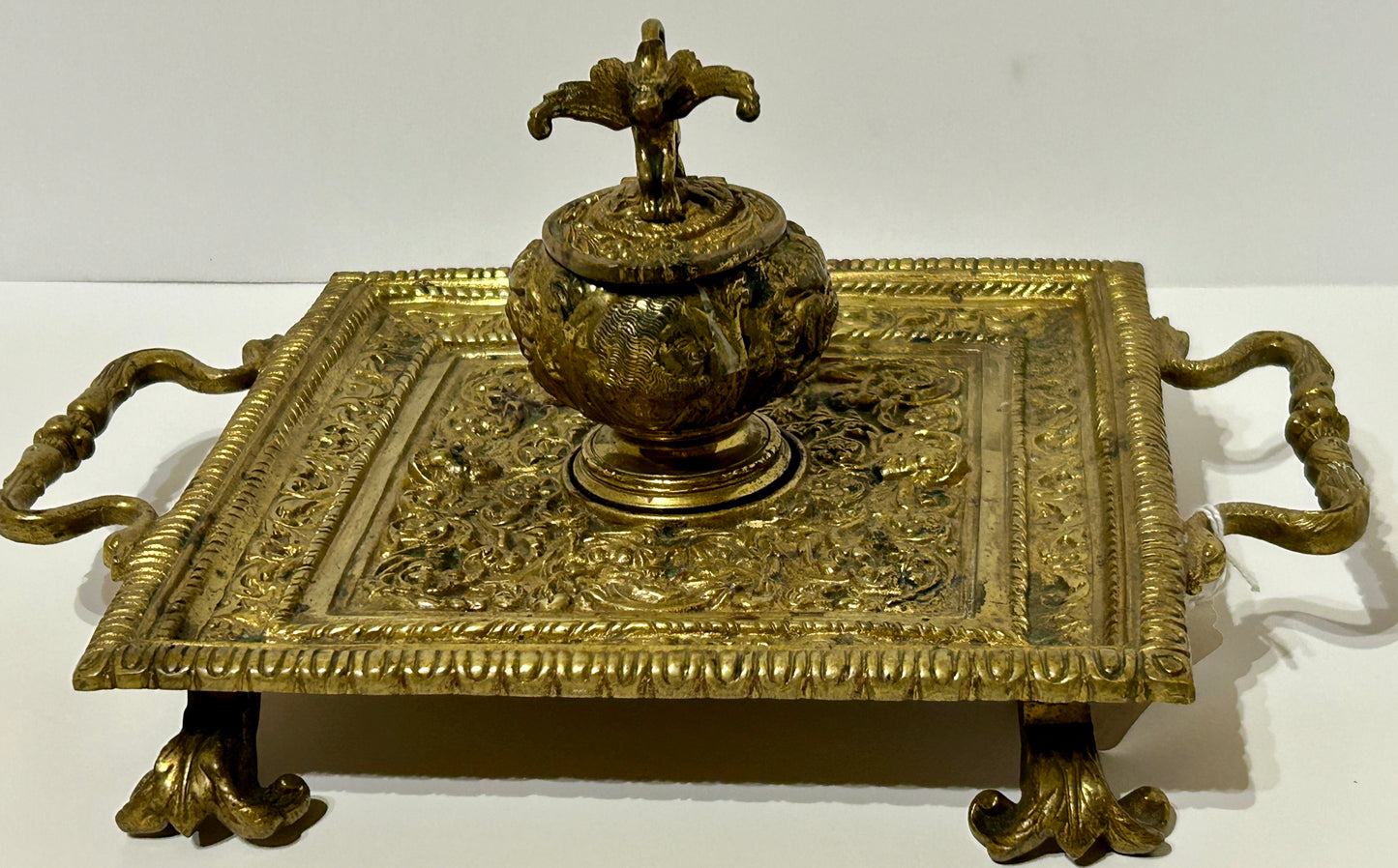 ANTIQUE INKWELL BRASS WITH FANCY HUMAN AND ANIMAL FIGURES