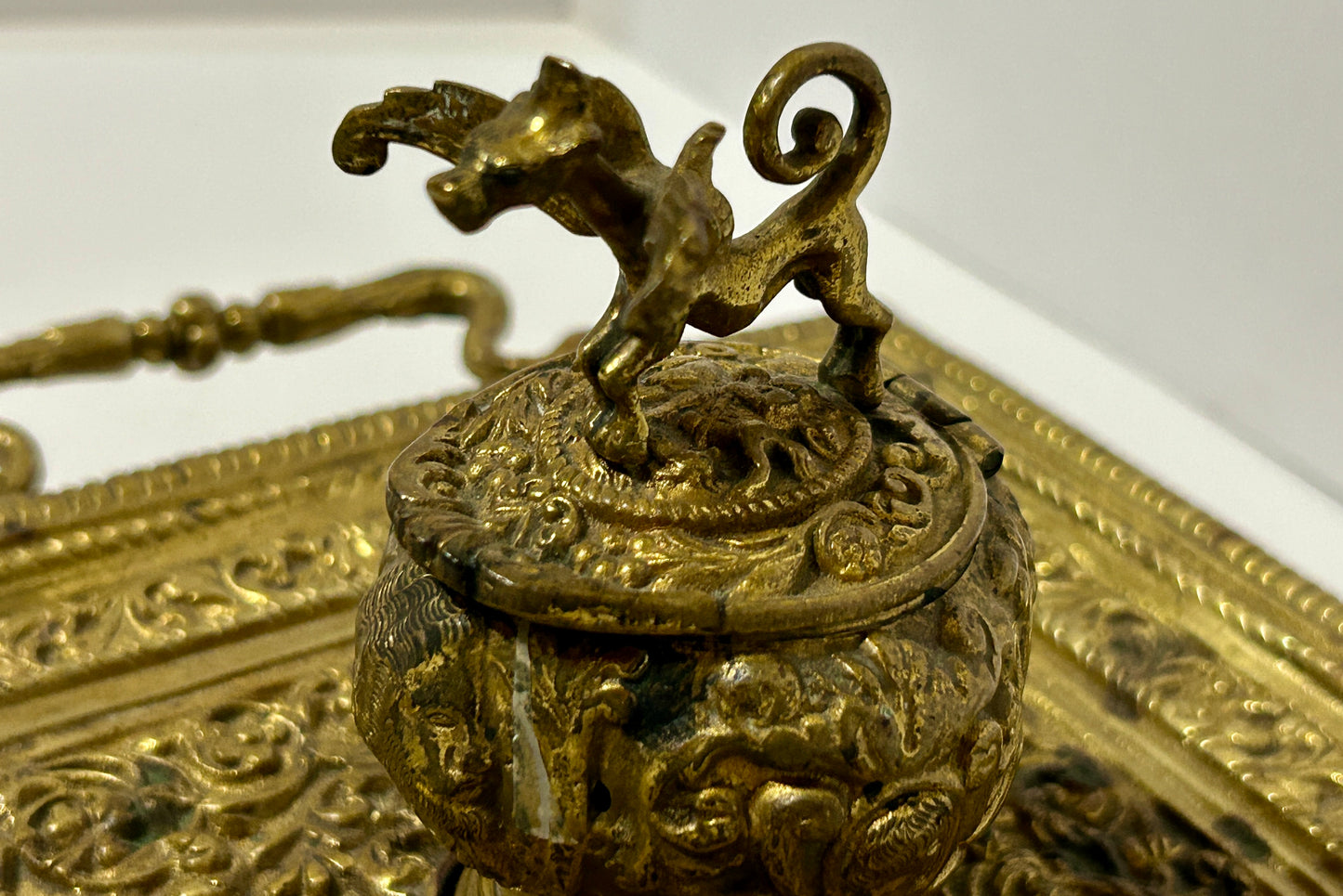 ANTIQUE INKWELL BRASS WITH FANCY HUMAN AND ANIMAL FIGURES