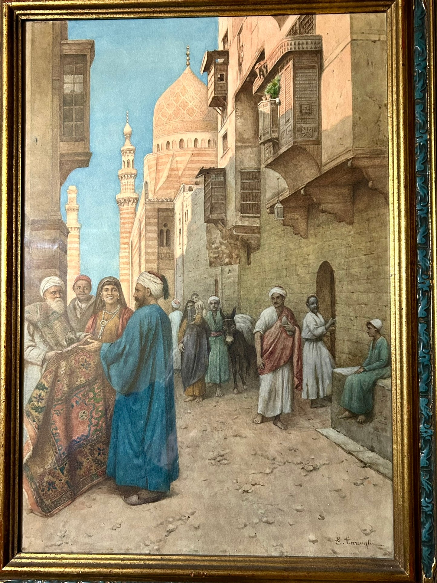 ORIENTALISM ARTIST ENRICO TARENGHI PAINTING OF FIGURES IN STREET