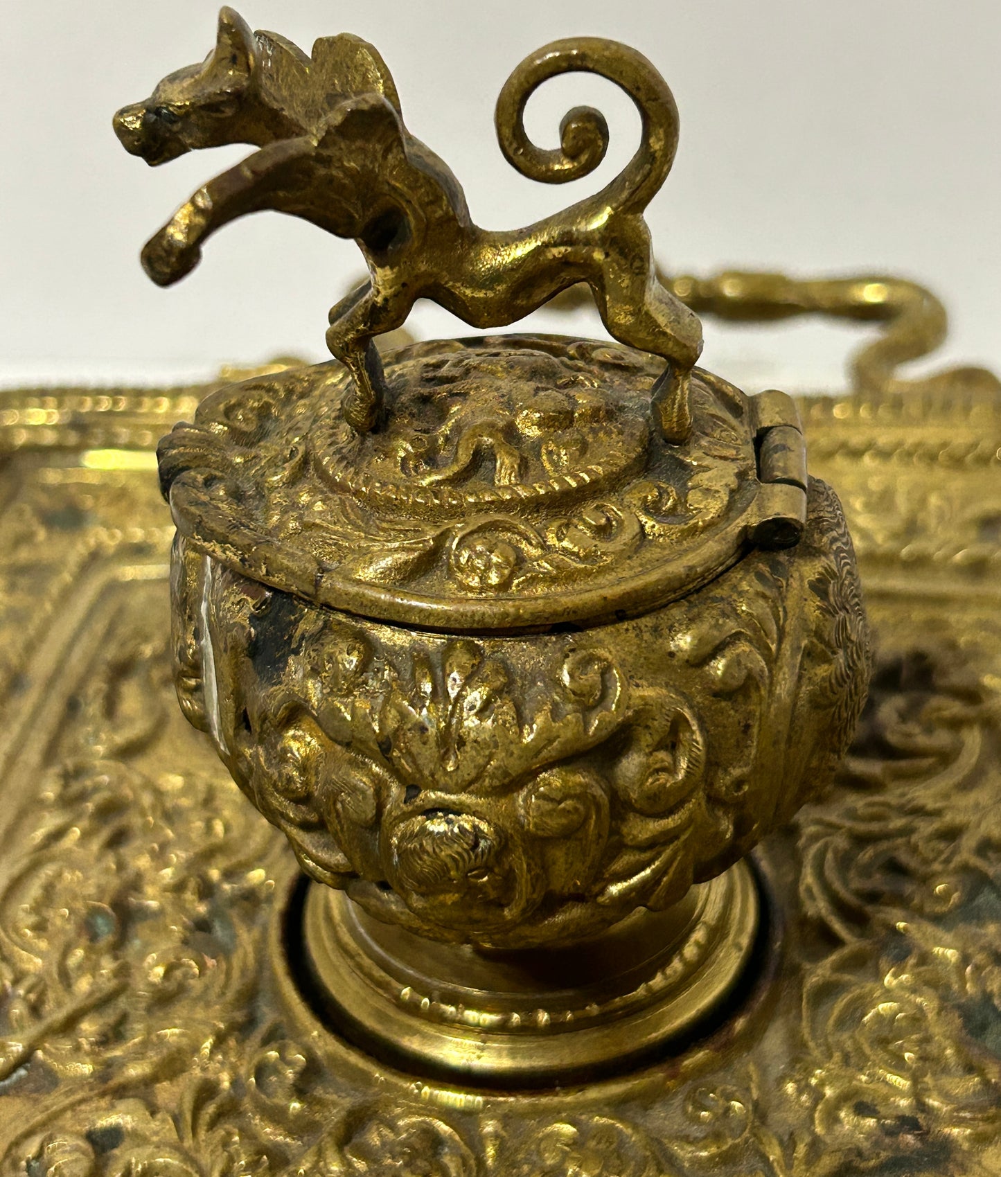 ANTIQUE INKWELL BRASS WITH FANCY HUMAN AND ANIMAL FIGURES