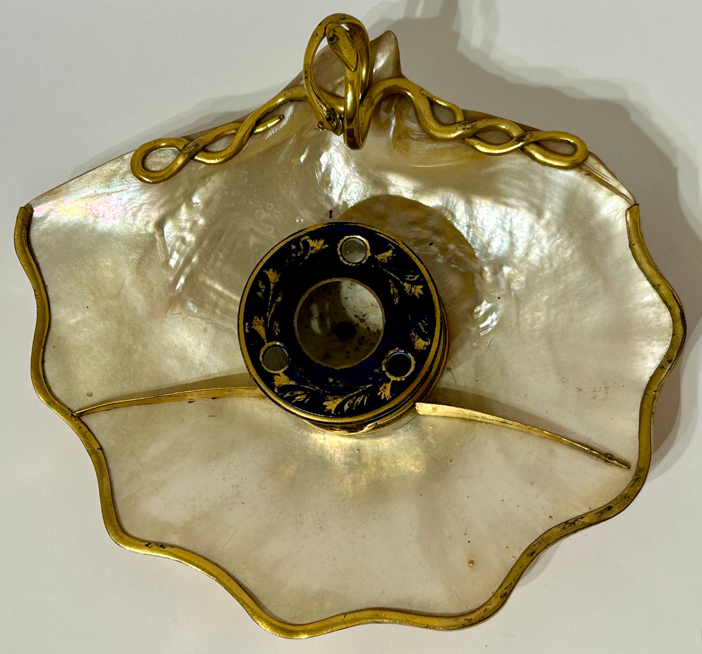 INKWELL WITH MOTHER OF PEARL AND BRONZE TRAY AND DERBY PORCELAIN INKWELL