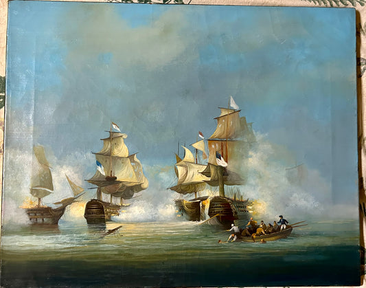 AMERICAN SAILING SHIPS IN BATTLE 1800's OIL PAINTING