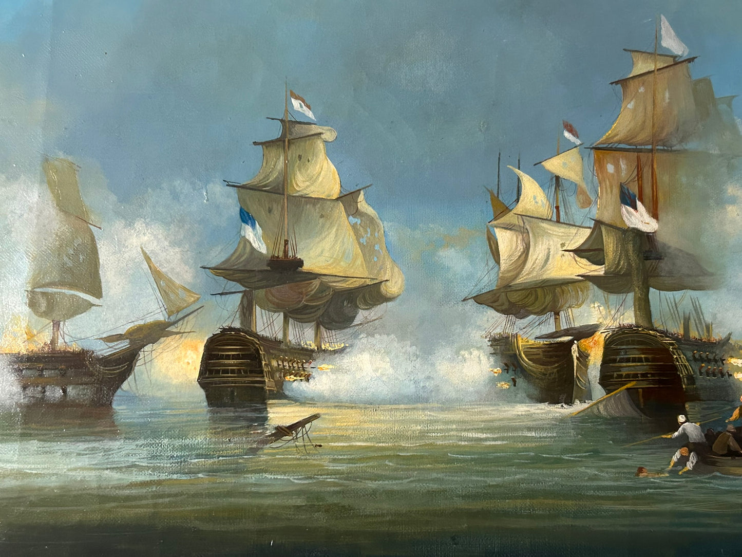 AMERICAN SAILING SHIPS IN BATTLE 1800's OIL PAINTING