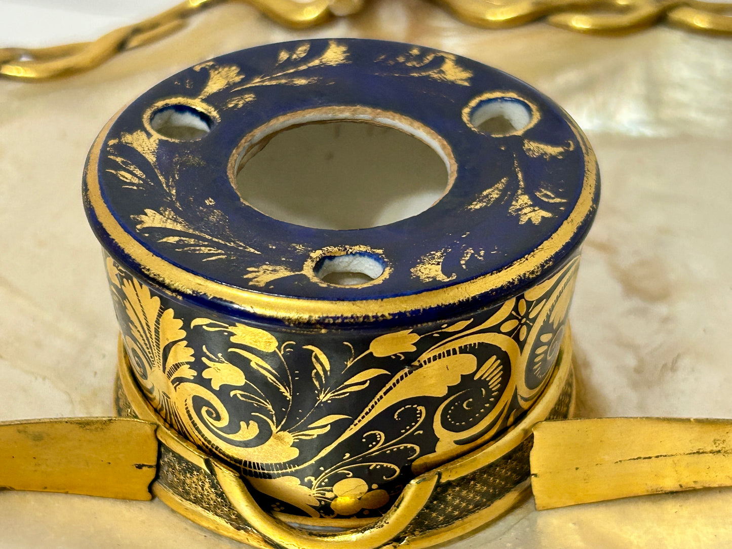 INKWELL WITH MOTHER OF PEARL AND BRONZE TRAY AND DERBY PORCELAIN INKWELL
