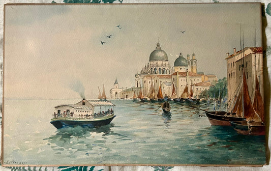 ITALIAN WATERCOLOR OF SHIPS AND BUILDINGS CIRCA 1910