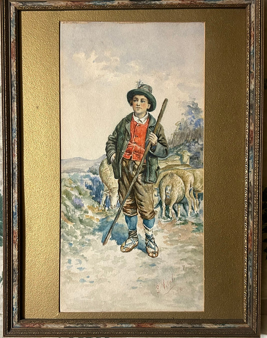 ITALIAN PAINTING OF YOUNG SHEEP HANDLER BY EDOUARDO VITALI