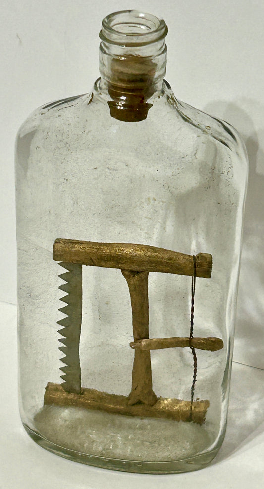 FOLK ART SAW IN BOTTLE ANTIQUE CARVING