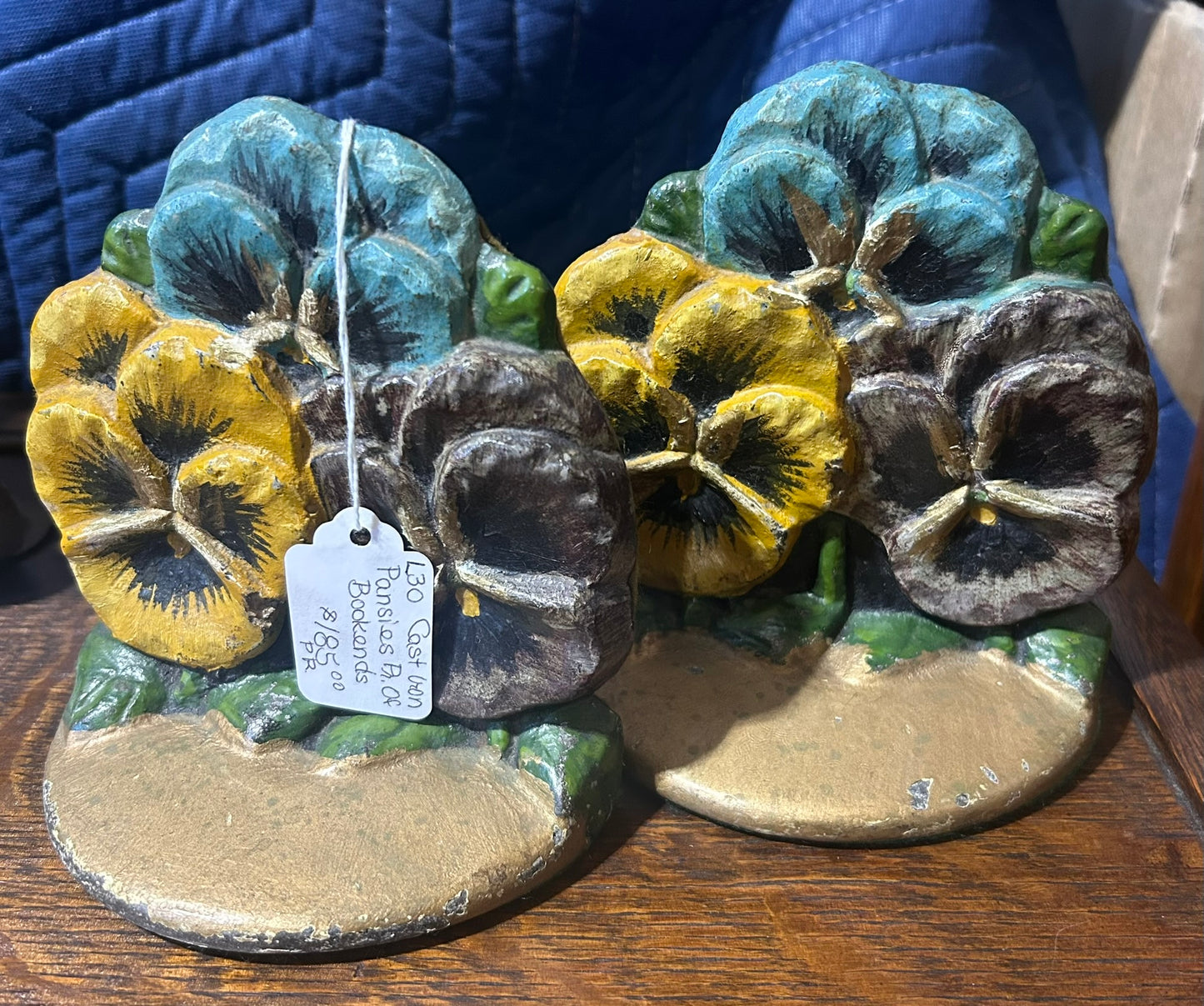 ANTIQUE CAST IRON PANSIES PAIR OF BOOKENDS