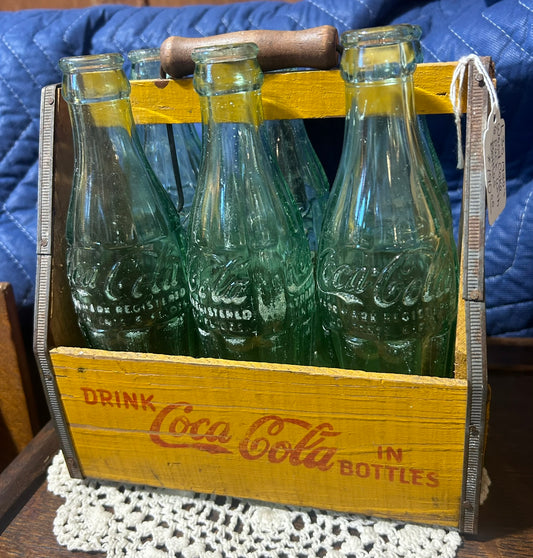 COCA COLA WOODEN SIX PACK CARRIER WITH BOTTLES