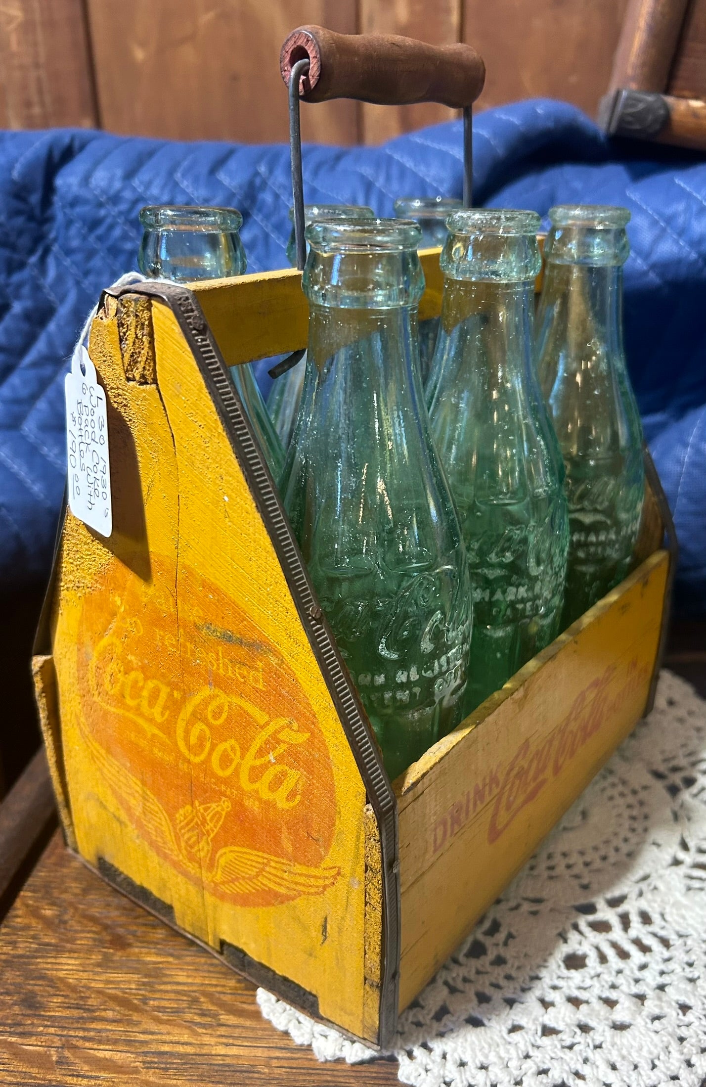 COCA COLA WOODEN SIX PACK CARRIER WITH BOTTLES