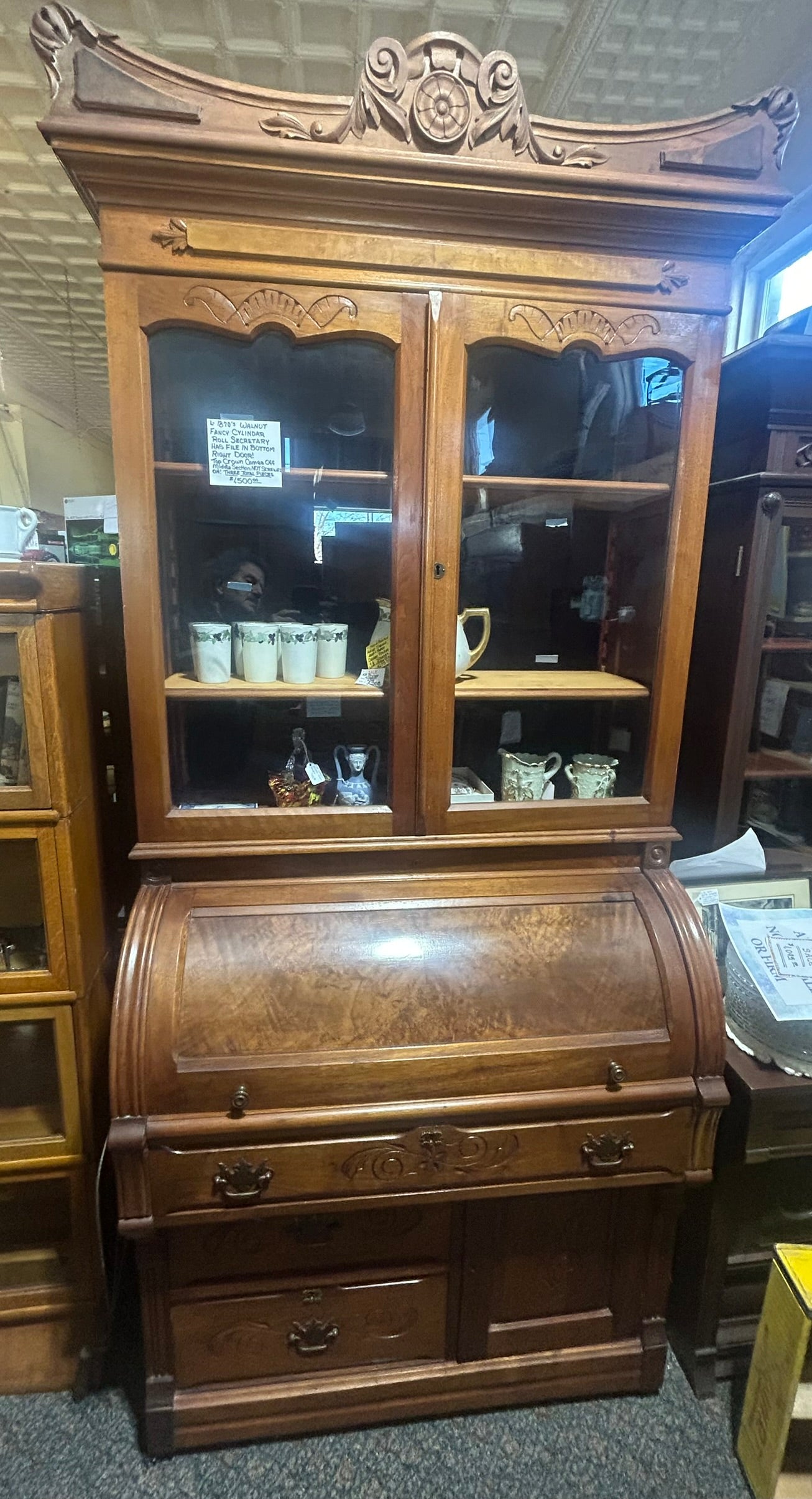 CYLINDER ROLL WALNUT ANTIQUE SECRETARY
