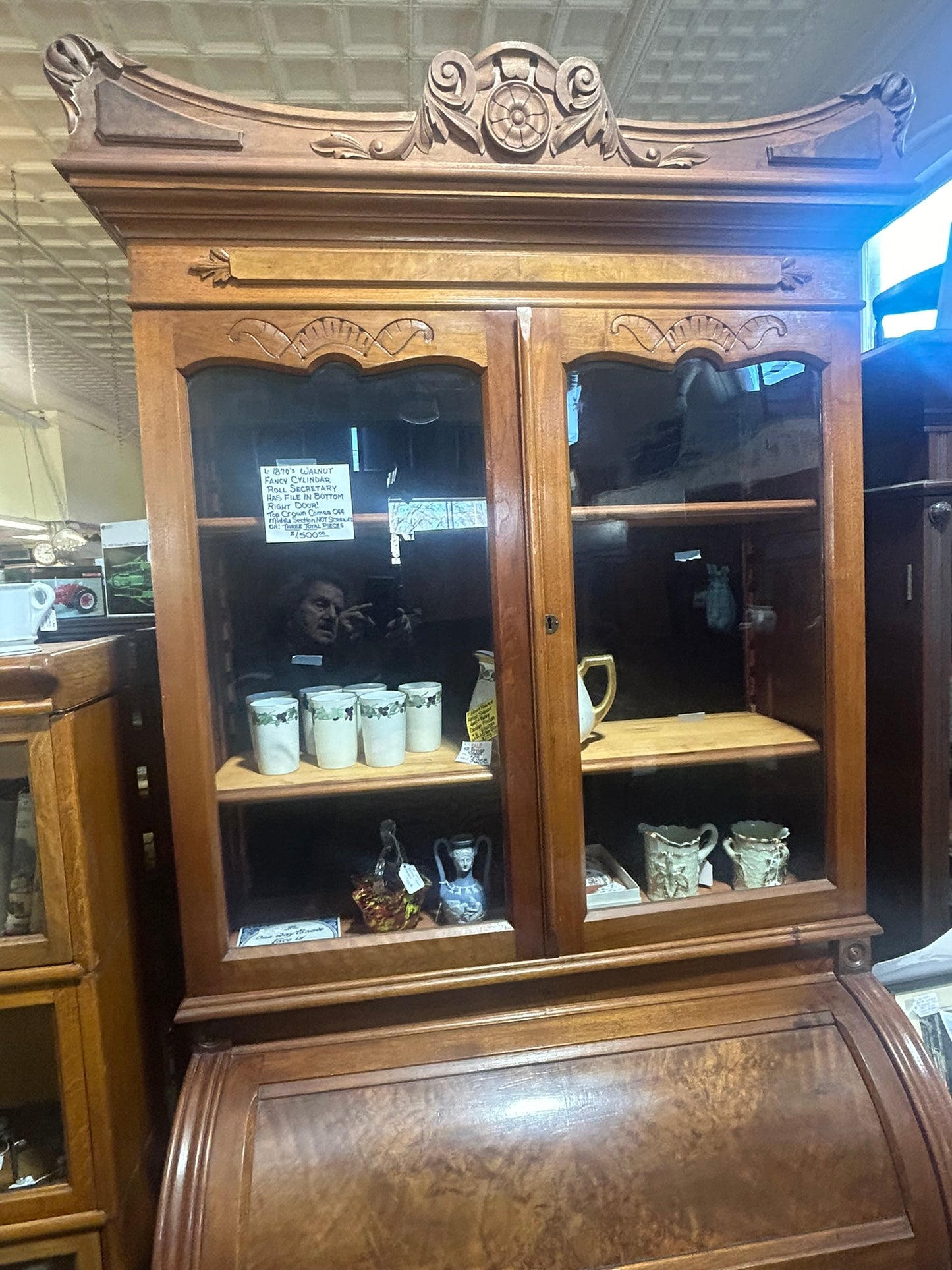 CYLINDER ROLL WALNUT ANTIQUE SECRETARY