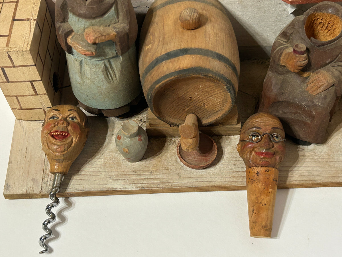ANTIQUE GERMAN HAND CARVED FIGURAL MEN CORK SCREW AND BOTTLE STOPPER WITH MUSIC BOX