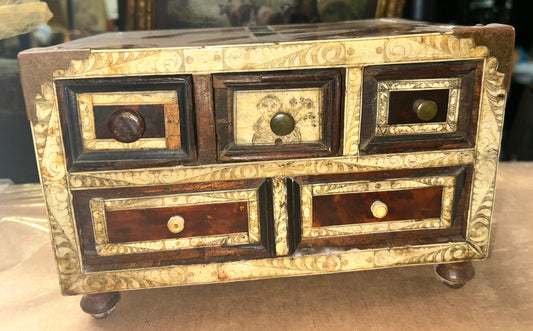 FOLK ART ANTIQUE WOOD AND SCRIMSHAW CABINET