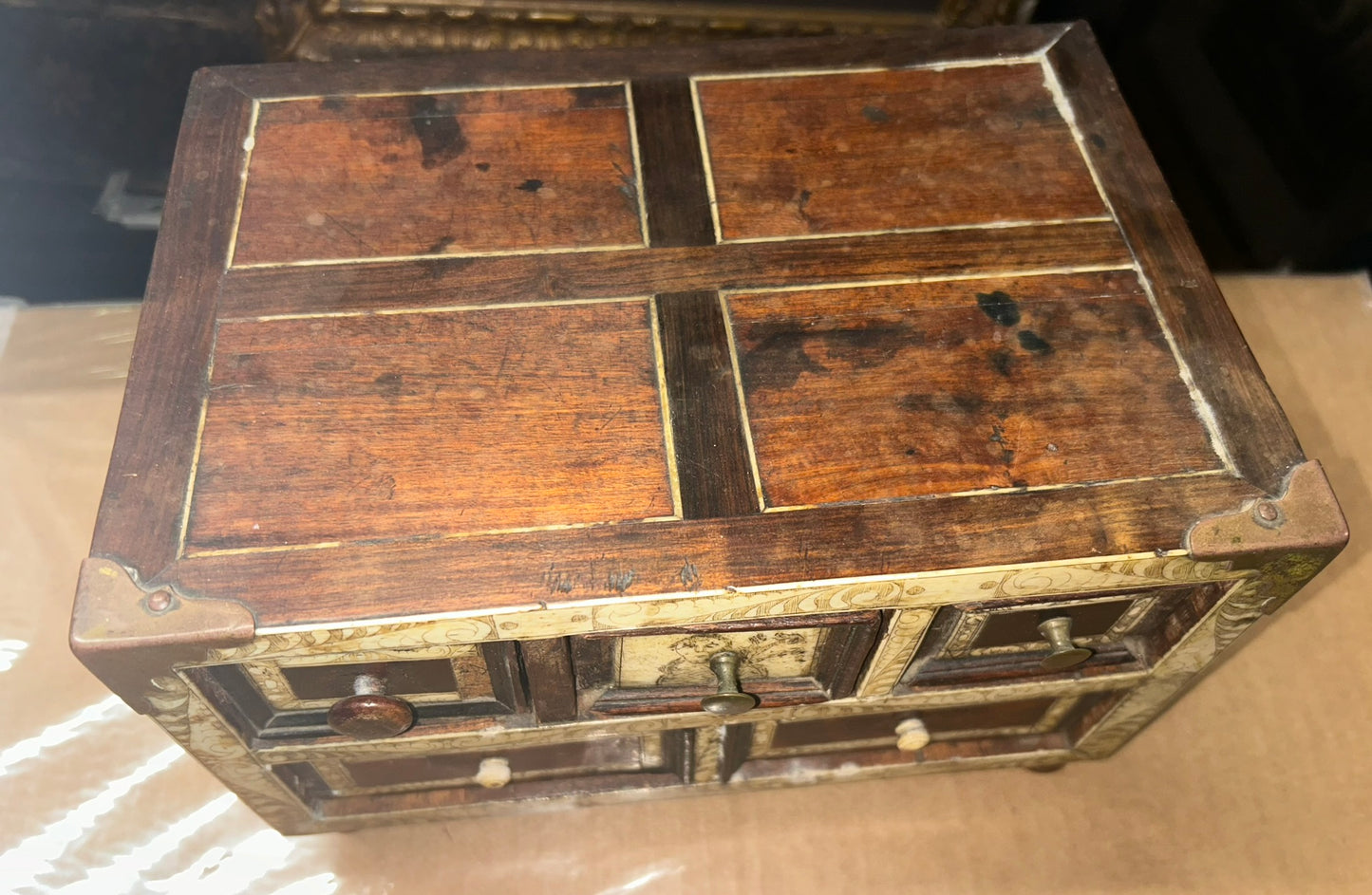 FOLK ART ANTIQUE WOOD AND SCRIMSHAW CABINET