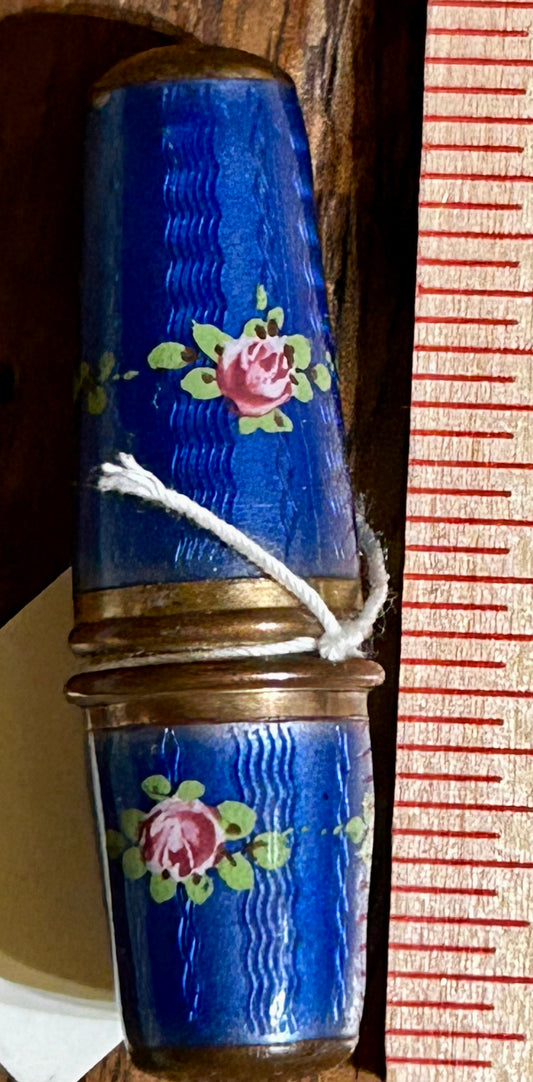 BLUE ENAMELED THIMBLE AND THREAD ANTIQUE CASE