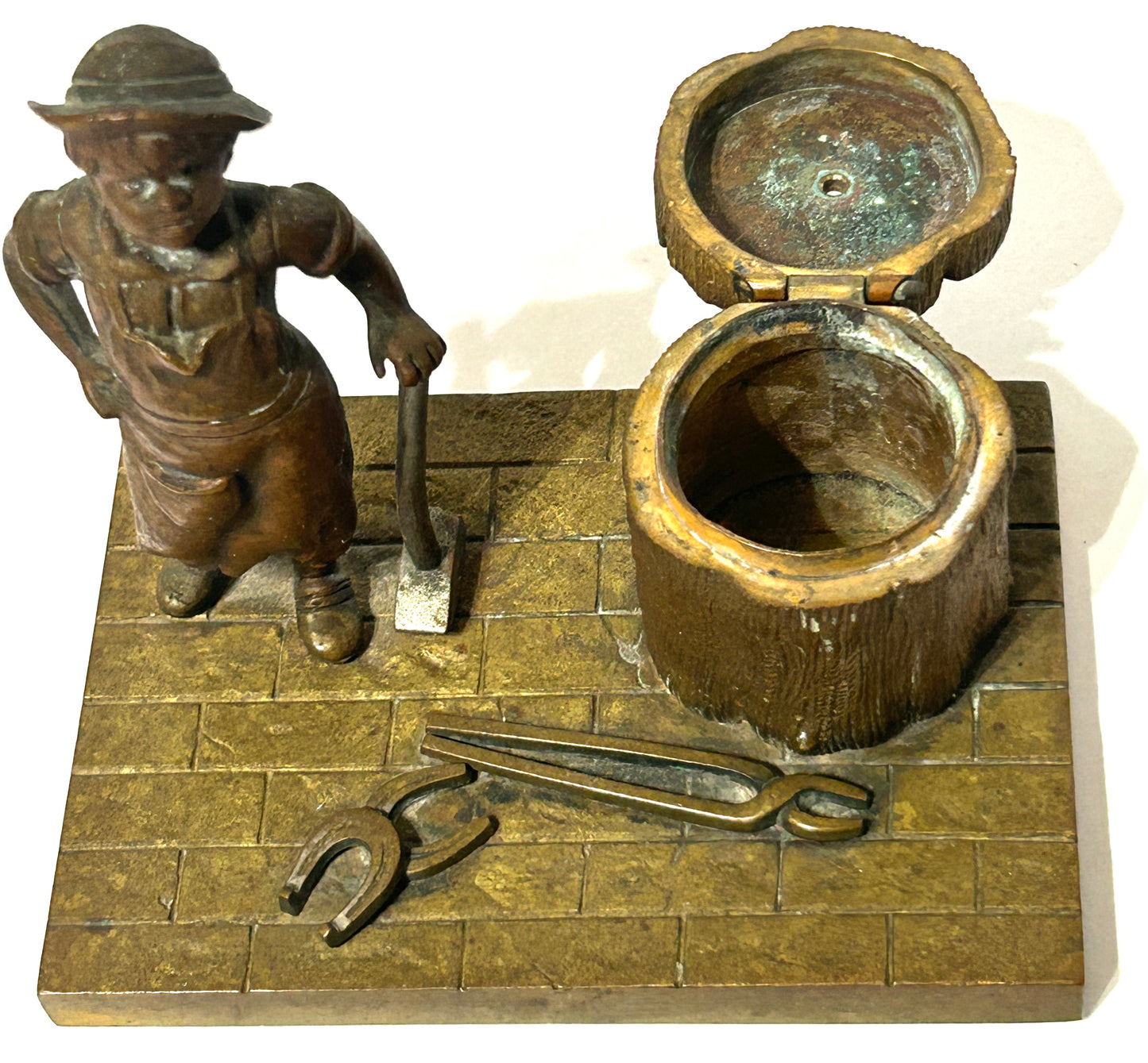 ANTIQUE FIGURAL BRONZE INKWELL OF BLACKSMITH BOY