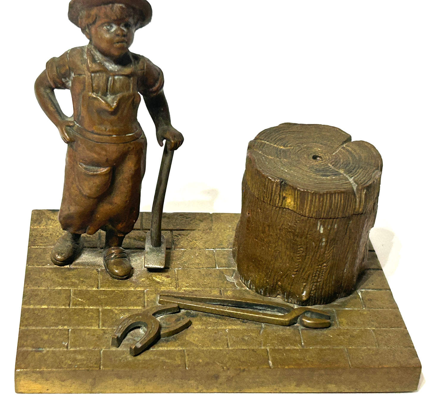 ANTIQUE FIGURAL BRONZE INKWELL OF BLACKSMITH BOY
