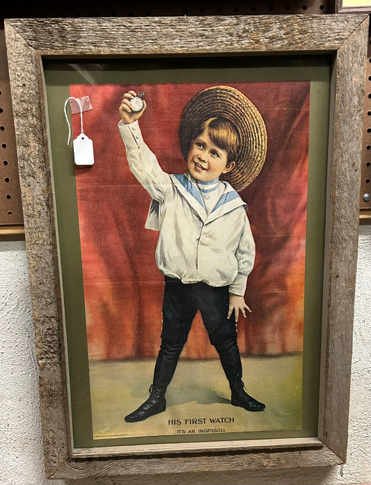 INGERSOLL WATCH ANTIQUE ADVERTISING SIGN WITH BOY