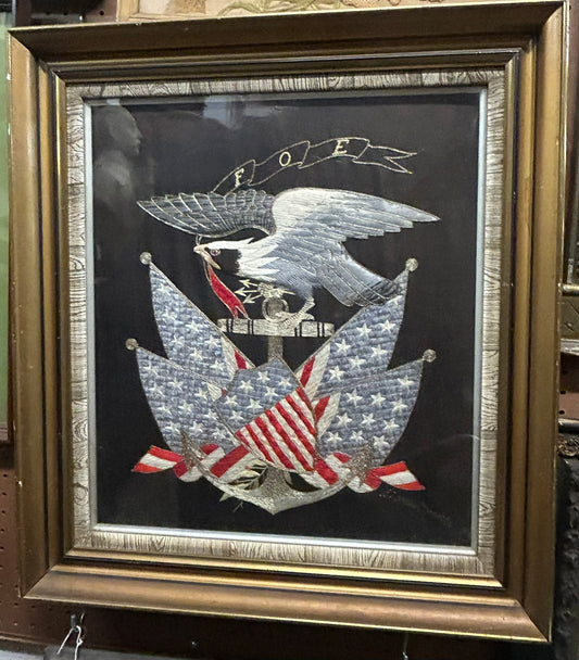 ORIENTAL EXPORT SILK NEEDLEWORK OF EAGLE AND FLAGS FOR F. 0. E. CIRCA 1900