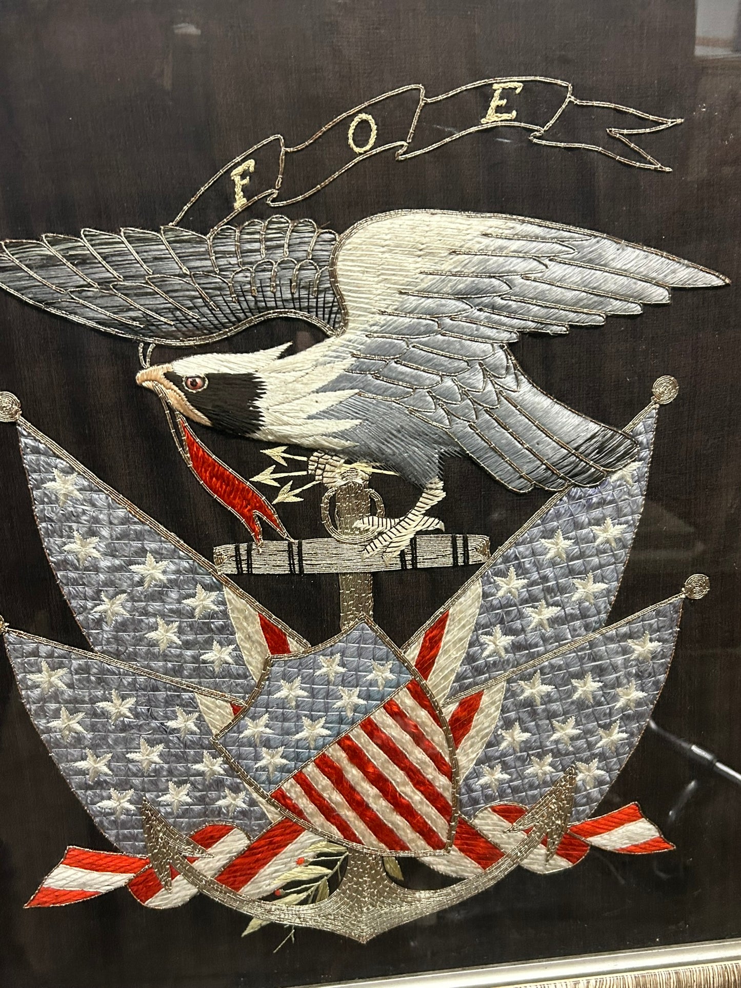 ORIENTAL EXPORT SILK NEEDLEWORK OF EAGLE AND FLAGS FOR F. 0. E. CIRCA 1900