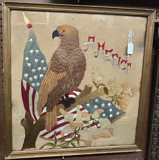PATRIOTIC EXPORT SILK NEEDLEWORK EAGLE, FLAG, AND SHIELD