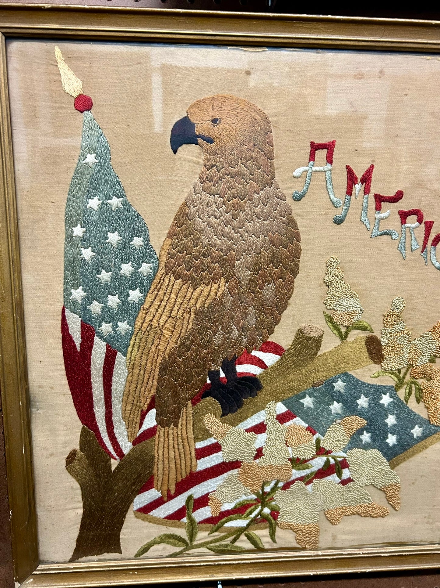 PATRIOTIC EXPORT SILK NEEDLEWORK EAGLE, FLAG, AND SHIELD