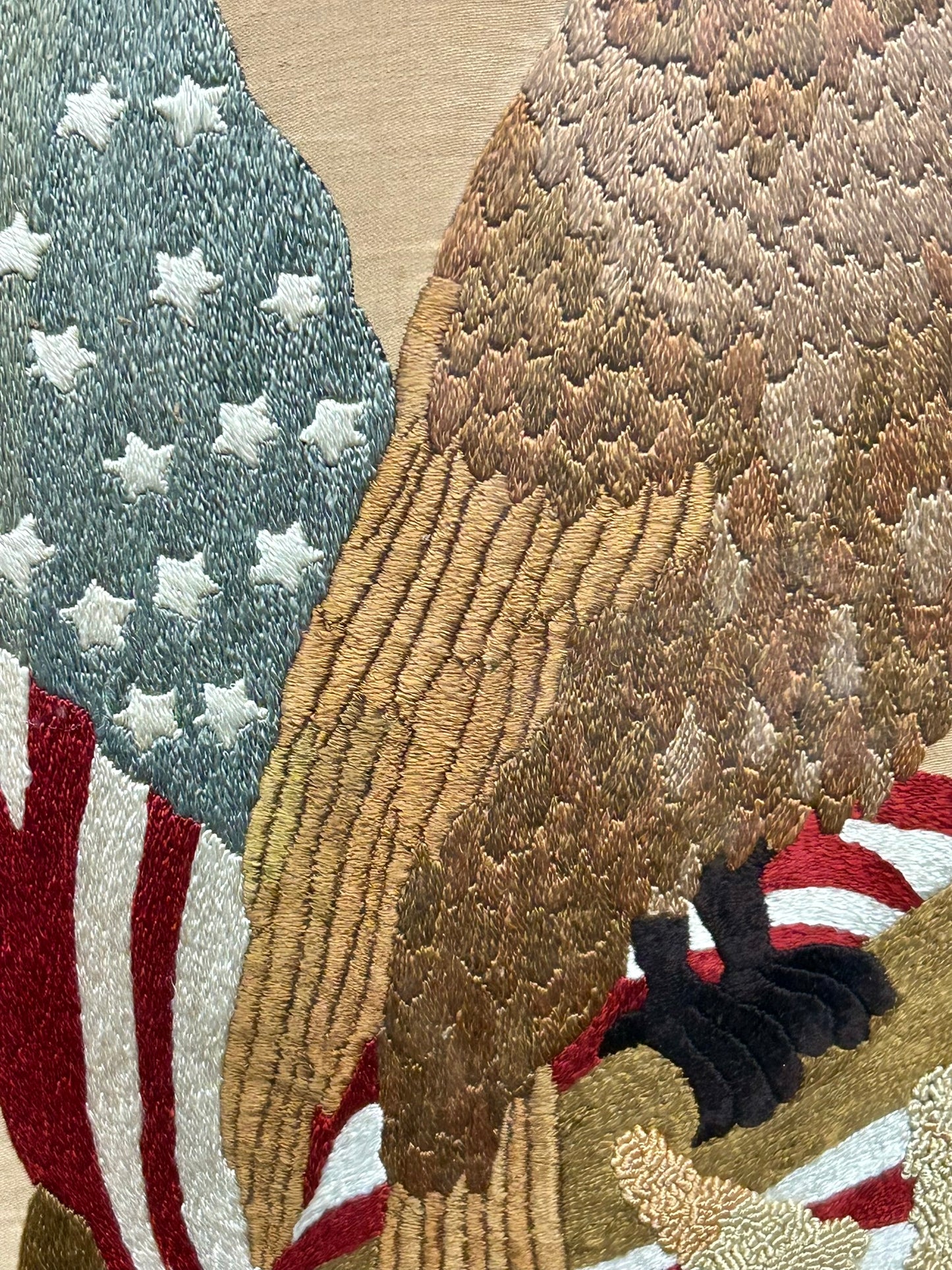 PATRIOTIC EXPORT SILK NEEDLEWORK EAGLE, FLAG, AND SHIELD