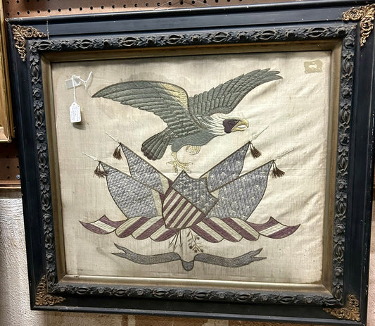 PATRIOTIC SILK EMBROIDERY OF EAGLE, FLAGS, AND SHIELD CIRCA 1900